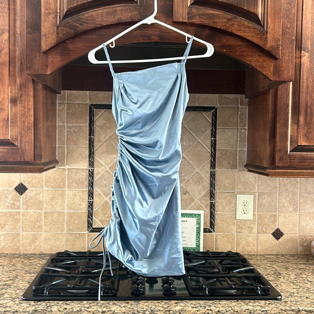 Blue silk mini dress. Formal-prom. Brand: Windsor. Worn once. Size XS.
